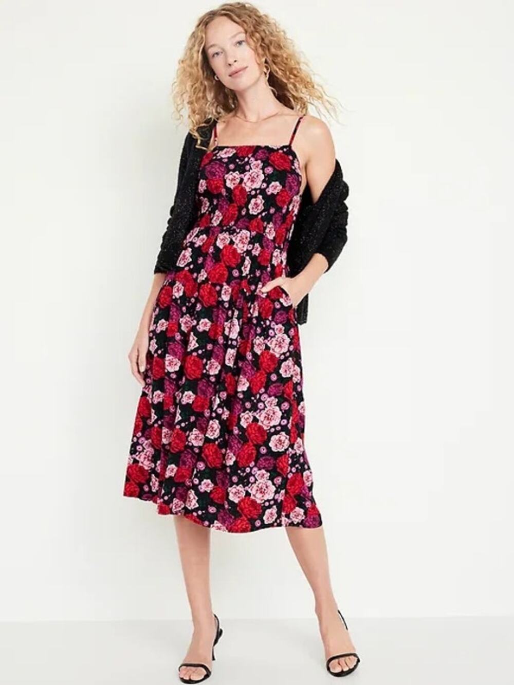 Old Navy Black&Pink Floral Cami Midi Dress Sz.M Tall NWT